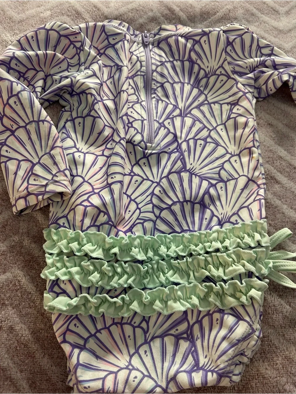 RuffleButts Long-Sleeve Kids One-Piece Swimsuit purple Shell Print Sz 12-18m
